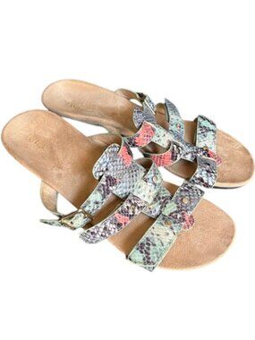 Vionic 381 Radia 3-Strap Wedge "Snake" Sandals - Blue/Brown/Salmon - 8M